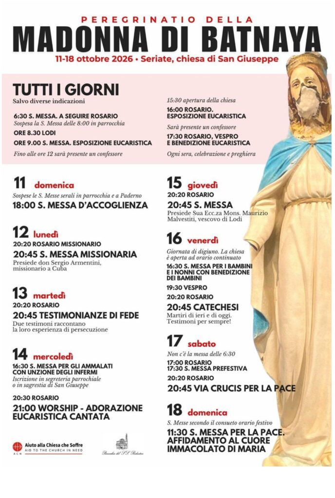 Il programma della peregrinatio della Madonna di Batnaya a Seriate, chiesa di San Giuseppe, 11-18 ottobre 2026