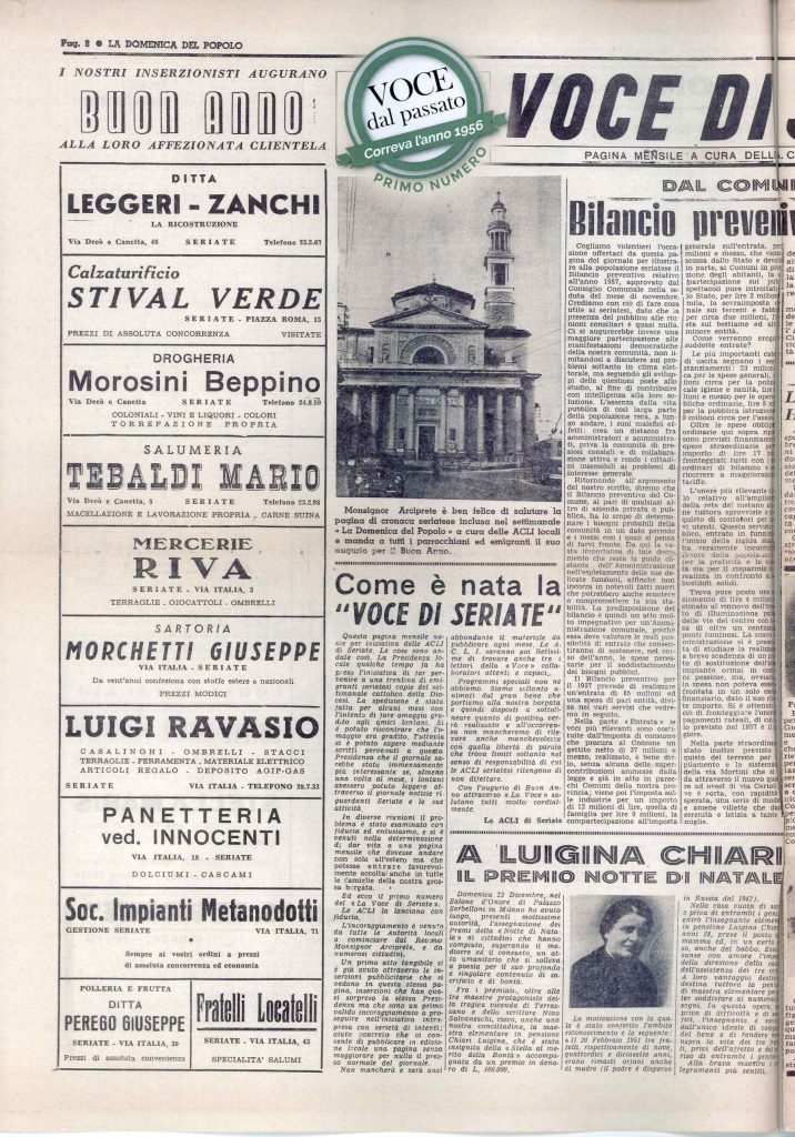Pagina 8 della Domenica del Popolo, dicembre 1956: la prima pagina della Voce di Seriate
