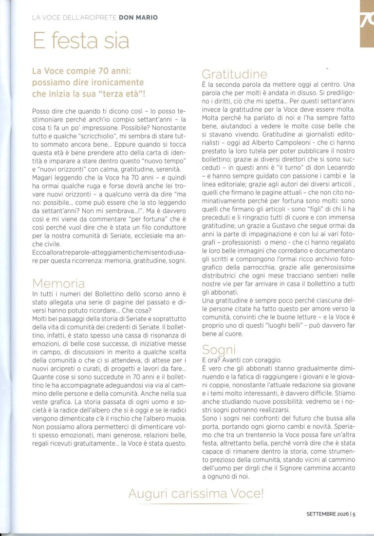 Pagina 5 della Voce di Seriate di settembre 2026: E festa sia, di don Mario Carminati