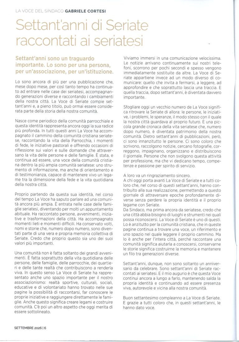 Pagina 6 della Voce di Seriate di settembre 2026: il sindaco Gabriele Cortesi
