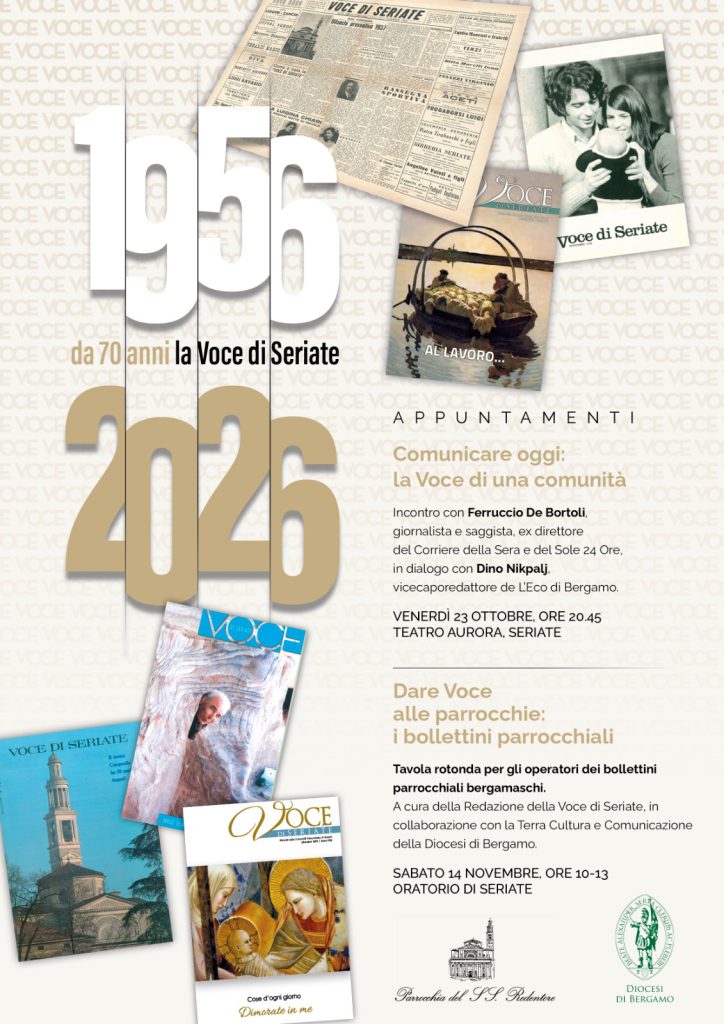 Manifesto 1956–2026, da 70 anni la Voce di Seriate, con copertine storiche e i due appuntamenti di ottobre e novembre